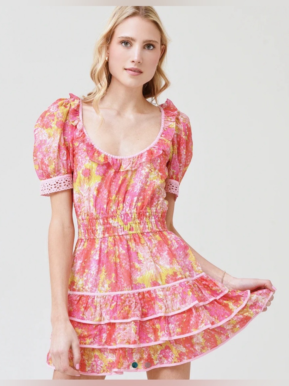 LoveShackFancy Pink Floral Ruffle Mini Dress